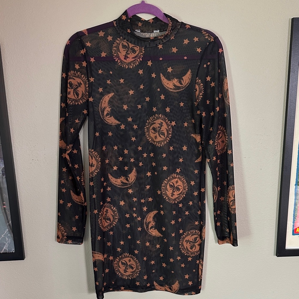 Mesh Mock Neck Dress with Sun and Moon Print